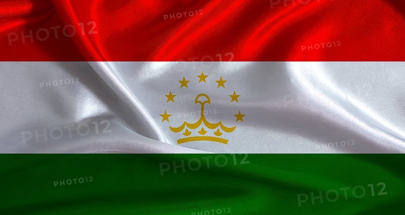 Tajikistan flag with cloth textured background. National flag of Tajikistan with realistic texture