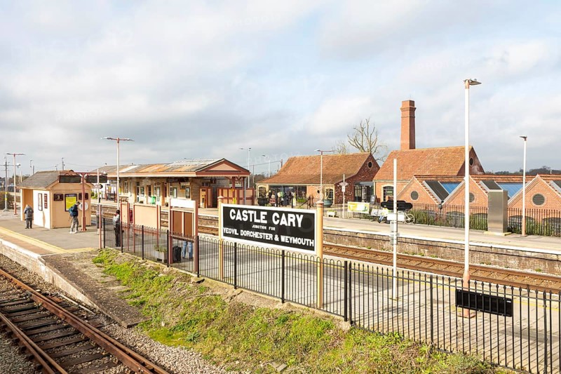 View over railway station platforms and buildings, Castle Cary, Somerset, England, UK