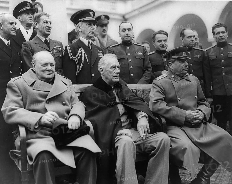 Winston Churchill, important statesman, especially during the Second World War. Prime Minister, politician, writer and Nobel Prize winner for literature. The 'Big Three' in Yalta, Crimea Ukraine 1945, from left to right (Winston Churchill, Franklin Roosevelt and Josef Stalin) . The Yalta Conference took place from 4 - 11 February 1945. The topic was the post-war order after the foreseeable end of the Second World War. Contemporary history, historical