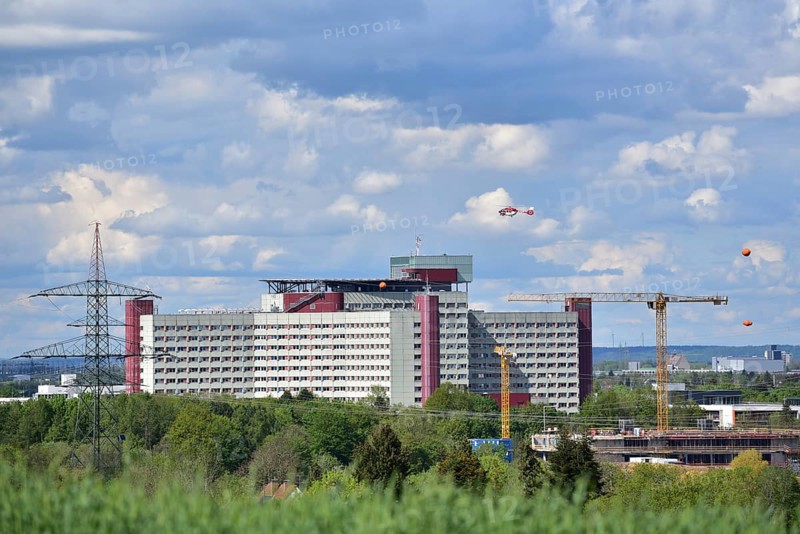 Helicopter approaching the university hospital in Augsburg, Bavaria, Germany