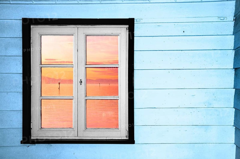 Window at a bus shelter on a steamer dock on Lake Constance, Bavaria, Baden-Württemberg, Germany