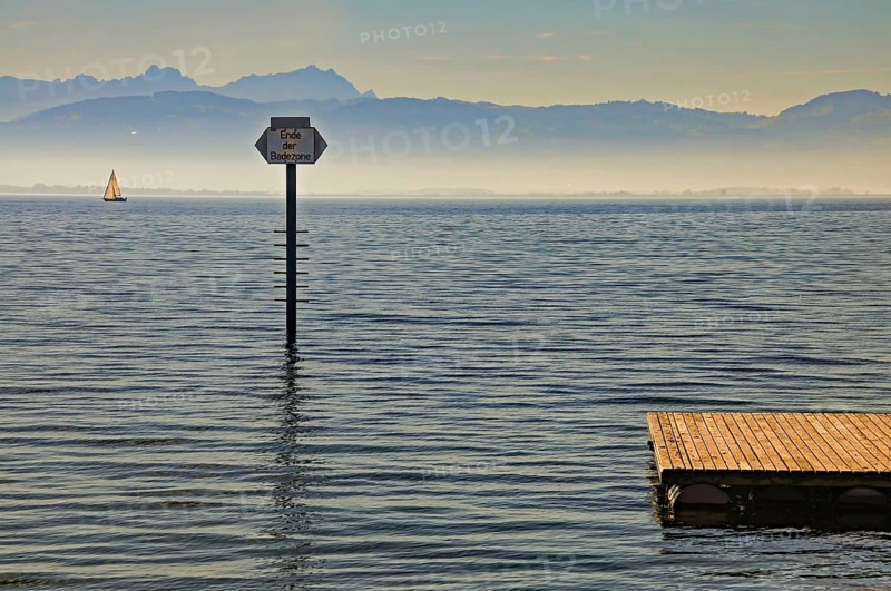 Bathing platform in Lake Constance with the Swiss mountains with the Säntis massif in the background, Bavaria, Germany