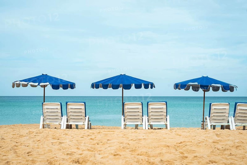 A serene beach scene shows neatly aligned lounge chairs beneath blue umbrellas facing a tranquil sea in Thailand. The golden sand and clear sky complete the idyllic setting