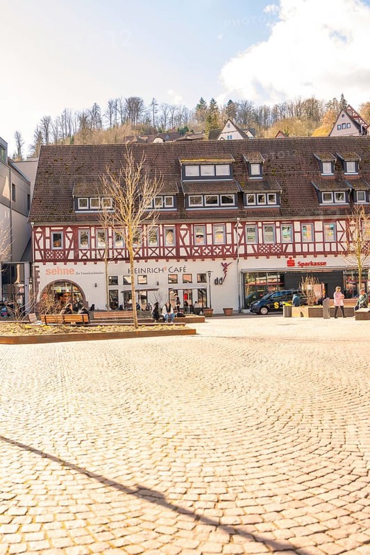 Welcoming old town with cobblestones, a café and sunshine, Calw, Calw district, Germany