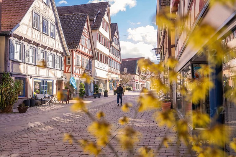 Man walks through a quiet street with traditional half-timbered houses and flowery foreground, Calw, Calw district, Germany