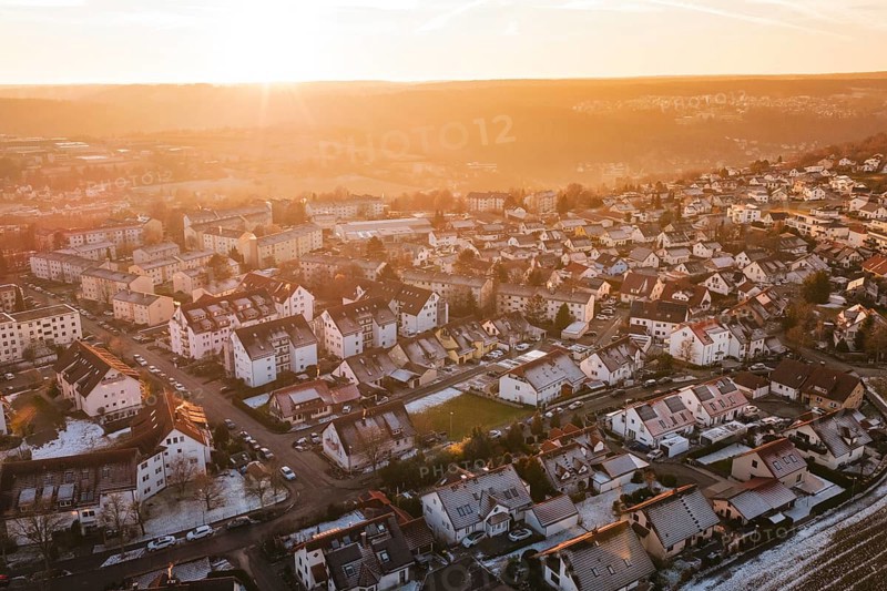 Panoramic view of a city at sunrise with golden light and peaceful atmosphere, Calw, Calw district, Germany