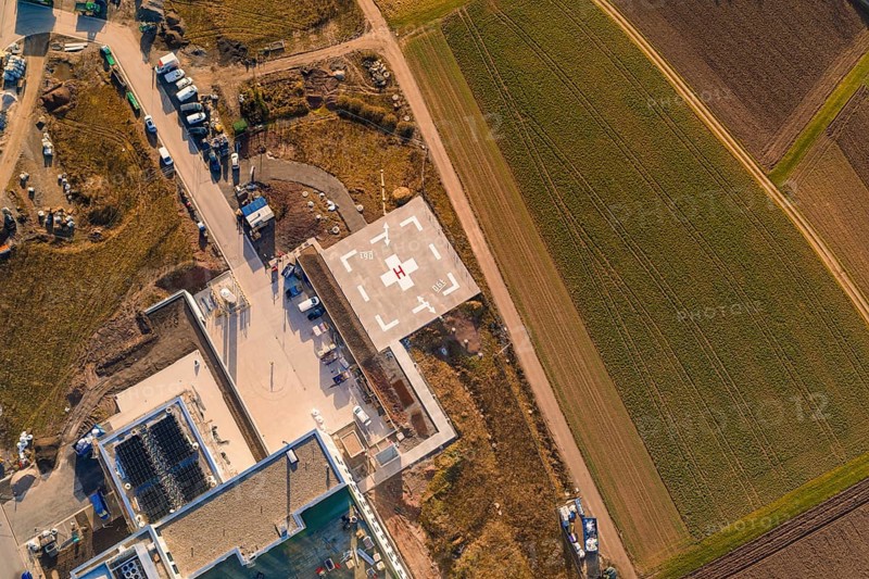 Aerial view of the helicopter landing pad in a rural region with infrastructure, new hospital at the Calw health campus, Calw district, Germany