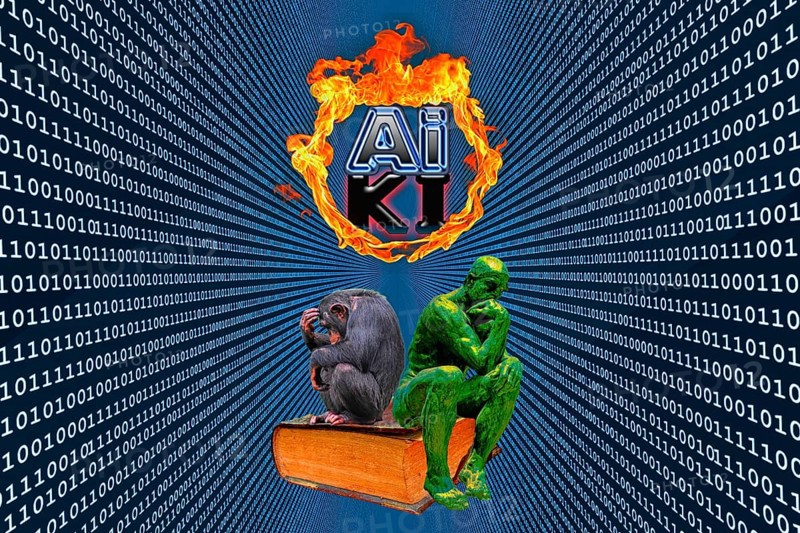 Symbolic picture, humor picture, AI and AI in the ring of fire, thinker among himself, Rodin's thinker, monkey, old book, binary background, radiated one and zero, AI generates, AI generated