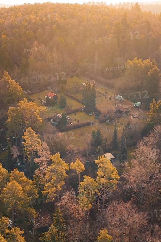 Cabins nestled in a forest displaying vivid autumn colors at Dusk, Aidlingen, Böblingen District, Germany