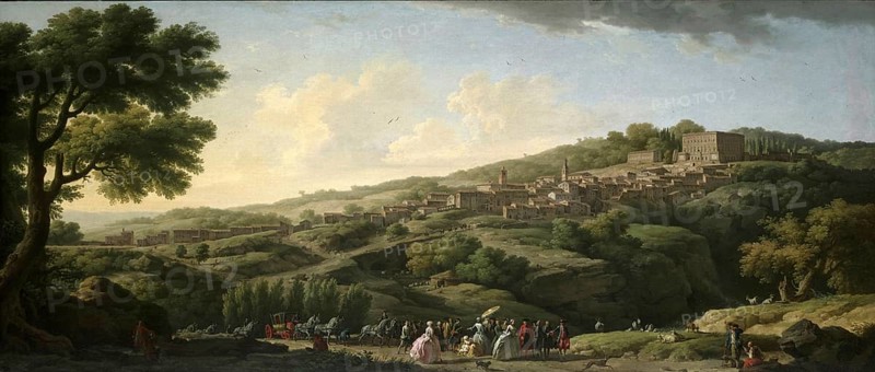 Claude Joseph Vernet (14 August 1714 - 3 December 1789), French painter, here his work, Villa at Caprarola (1746), Palazzo Farnese in Caprarola, Italy, depicted in the middle of a hilly landscape, with a crowd of people in the foreground, Painting, Reproduction of the painting, Work of art, Historical
