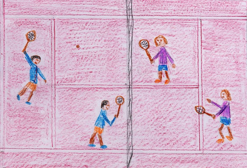 Children's drawing, naive illustration, tennis, tennis game on the tennis court, bird's eye view