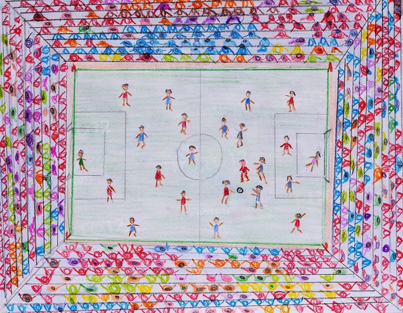 Children's drawing, naive illustration, soccer game in the soccer stadium, bird's eye view