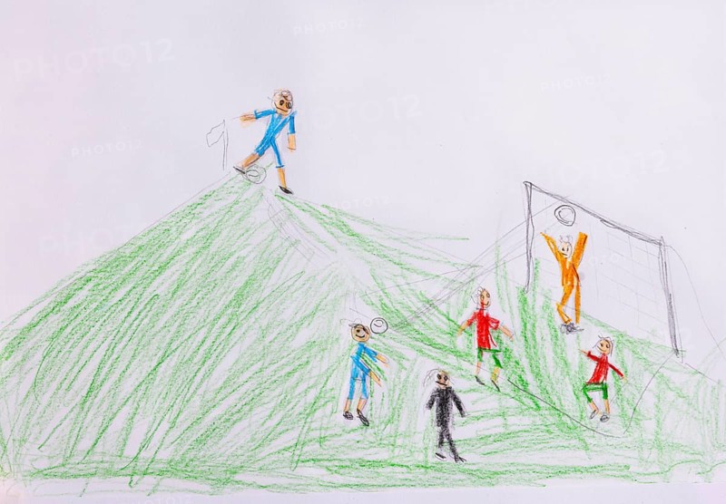 Naive illustration, children's drawing, children playing soccer in front of the goal