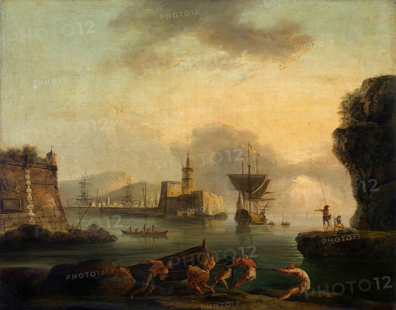 Claude Joseph Vernet (14 August 1714 - 3 December 1789), French painter, here his work, Naples (1734-1740), Italian harbour at sunset, Naples, Painting, Reproduction of the painting, Work of art, Historical