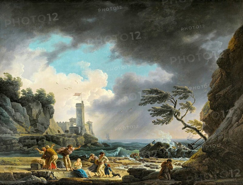 Claude Joseph Vernet (14 August 1714 - 3 December 1789), French painter, here his work, A Storm Near A Rocky Coast (1784), dramatic storm scene on a coast, in the foreground are shipwrecked people who have saved themselves on land. In the background, a ship can be seen in distress in the heavy storm on the open sea, Painting, Reproduction of the painting, Work of art, Historical