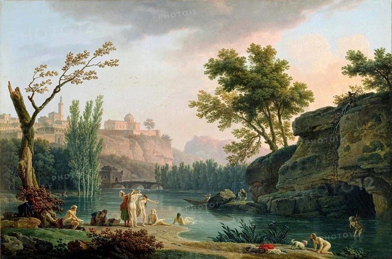 Claude Joseph Vernet (14 August 1714 - 3 December 1789), French painter, here his work, Summer Evening, Landscape in Italy, summer evening, landscape in Italy, peaceful, fictitious Italian landscape with bathers, painting, reproduction of the painting, work of art, historical