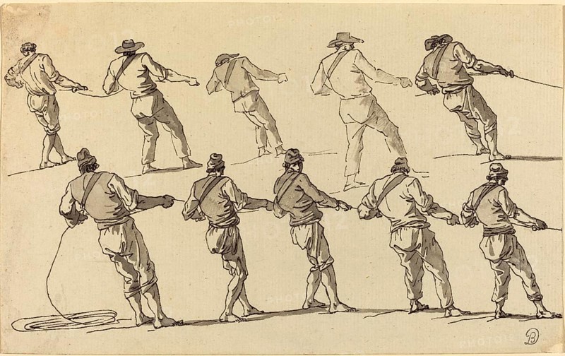 Claude Joseph Vernet (14 August 1714 - 3 December 1789), French painter, here his work, Ten Men Pulling on Ropes, The drawing shows various figures of men in work clothes and hats pulling on ropes in similar poses, Painting, Reproduction of the painting, Work of art, Historical