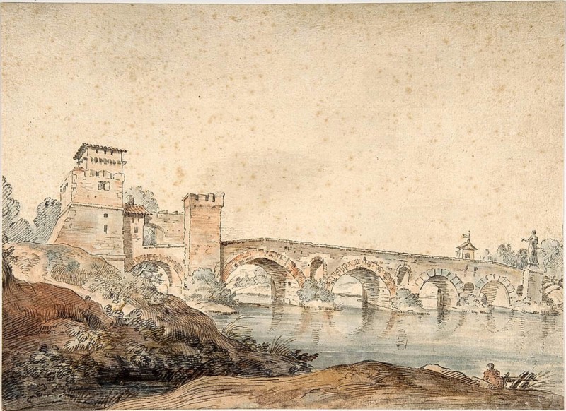 Claude Joseph Vernet (14 August 1714 - 3 December 1789), French painter, here his work, Ponte Molle, Rome (18th century), Bridge Ponte Milvio, formerly Ponte Molle, in Rome, Italy, Painting, Reproduction of the painting, Work of art, Historical