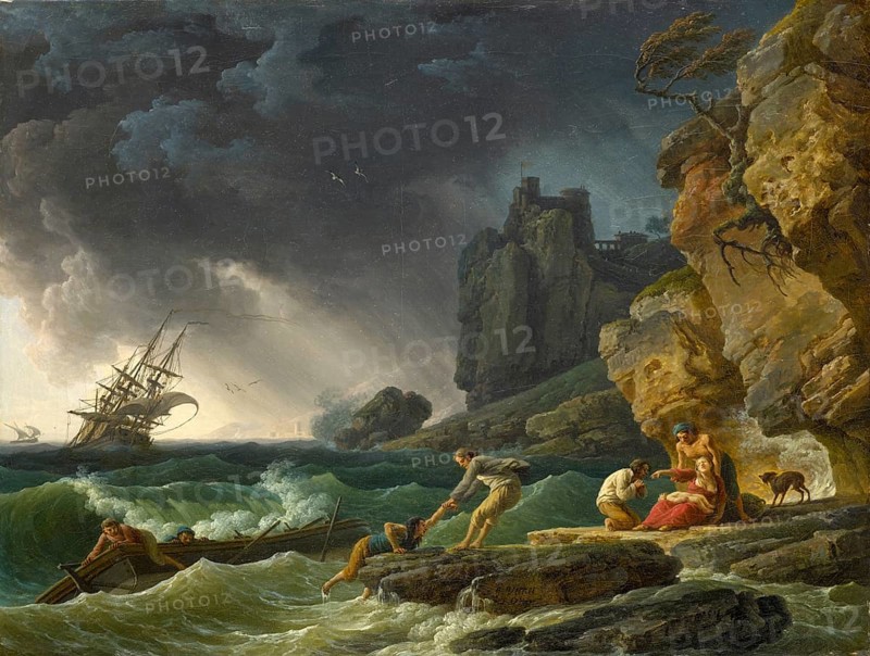 Claude Joseph Vernet (14 August 1714 - 3 December 1789), French painter, here his work, Stormy seas with castaways (1780), Stormy seas with castaways, Shipwrecked in a storm off the southern coast, Painting, Reproduction of the painting, Work of art, Historical