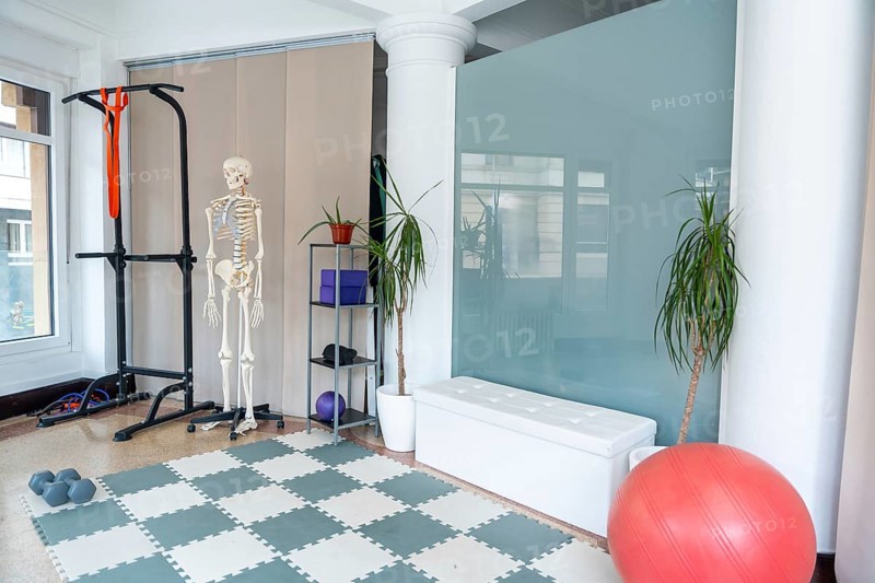 Professional physiotherapy and osteopathy clinic space providing medical recovery, rehabilitation, and sports therapy, featuring a human skeleton model, exercise equipment, and a large fitness ball