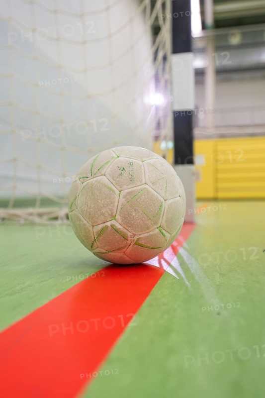 A handball is close to the goal in a sports hall on a playing field, handball, Calw, Germany