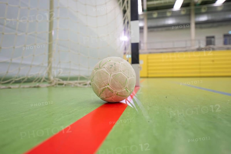 A handball is resting on a red stripe in a sports hall near the goal, Handball, Calw, Germany