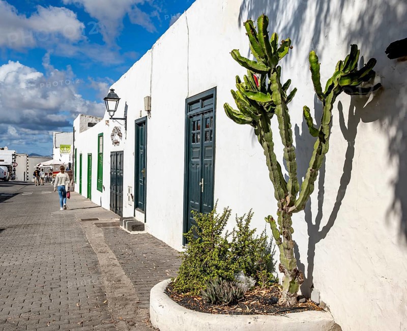 Typical white houses with colored doors and windows, Teguise, Lanzarote, Canary Islands, Spain