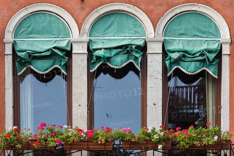 Window with flower boxes of a palace, Venice, Veneto, Italy