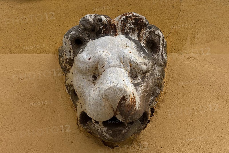 Sculpture of a lion's head above an entrance, Venice, Veneto, Italy