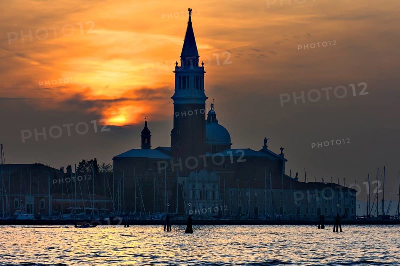 Silhouette of San Giorgio Maggiore church at sunset, Venice, Veneto, Italy