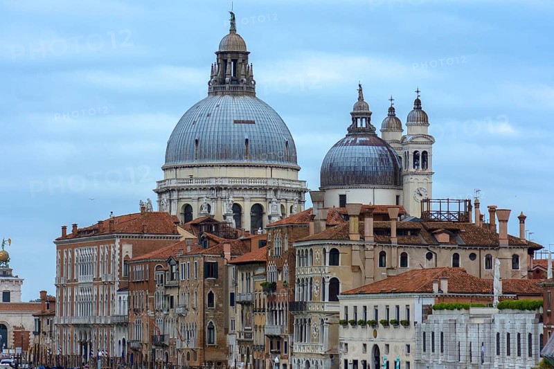 Santa Maria della Salute behind the Palazzi, Venice, Veneto, Italy
