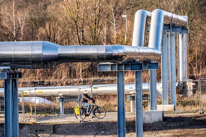 Iqony district heating pipelines at the city port, crosses the Rhine-Herne Canal in Essen, North Rhine-Westphalia, Germany