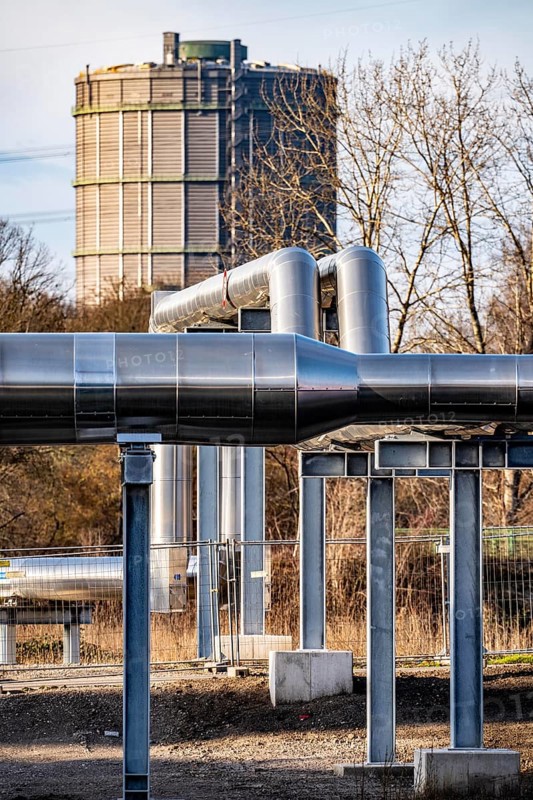 Iqony district heating pipelines at the city port, crosses the Rhine-Herne Canal in Essen, North Rhine-Westphalia, Germany