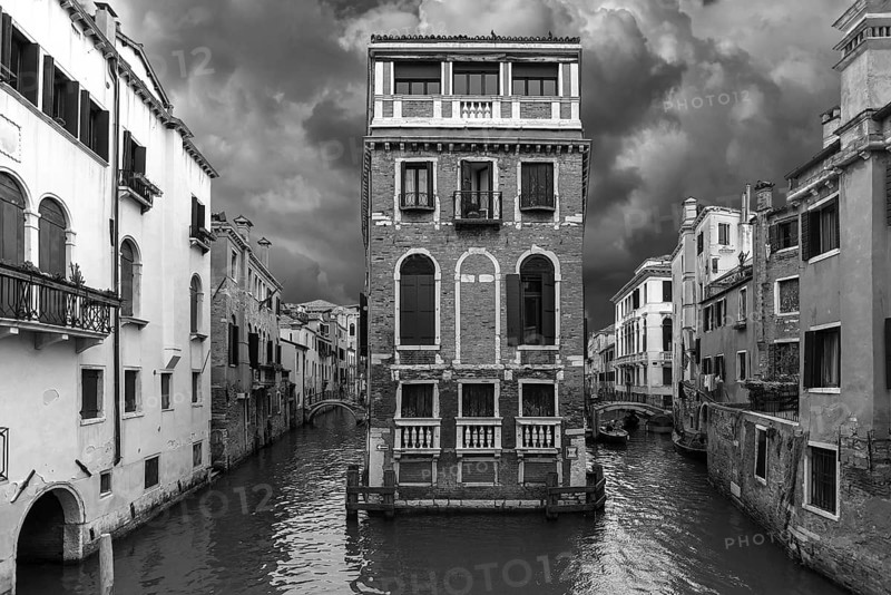 Historic Palazzo Tetta surrounded by canals, black and white, Venice, Veneto, Italy