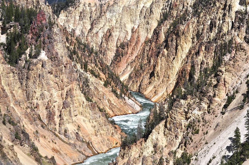 Unique rock structures flank a river inside the canyon, Grand Canyon of the Yellowstone, Yellowstone National Park, Wyoming, USA