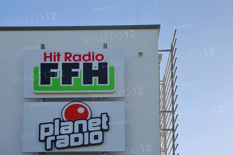 Hit Radio FFH building, inscription, radio station, emblem, planet, Bad Vilbel, Wetterau, Hesse, Germany