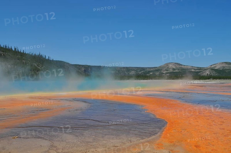 Extensive, colorful geothermally active area under clear skies, Grand Prismatic Spring, Yellowstone National Park, Wyoming, USA