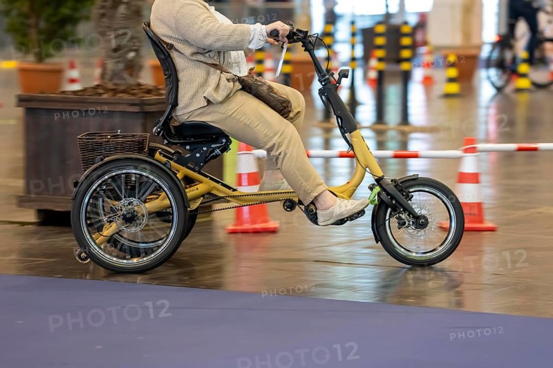 Test drives of new bikes at the public trade fair Fahrrad Essen, in the halls of Messe Essen, retailers and manufacturers show everything about bicycles, e-bikes, accessories, Pfautec tricycle, North Rhine-Westphalia, Germany