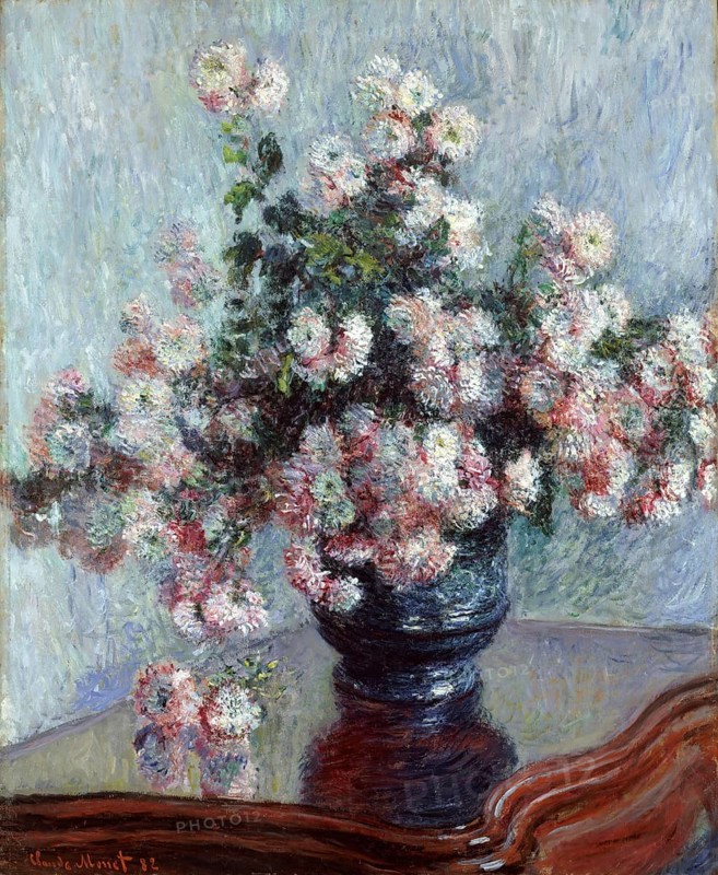 Claude Monet (b. 14 November 1840 in Paris as Oscar-Claude Monet, d. 5 December 1926) important French painter, Impressionist style. Here is his work, Chrysanthemums (1882), Chrysanthemums (1882), a still life with chrysanthemums in a vase whose reflection can be seen on a table, in the Impressionist manner