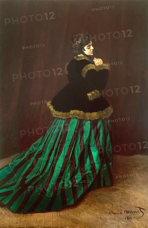 Claude Monet (b. 14 November 1840 in Paris as Oscar-Claude Monet, d. 5 December 1926) important French painter, Impressionist style. Here is his work, Camille The Woman in the Green Dress (1866), Camille The Woman in the Green Dress (1866), woman posing in an elegant Victorian dress against a dark background