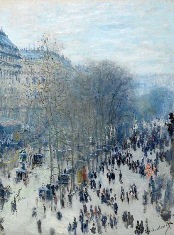 Claude Monet (b. 14 November 1840 in Paris as Oscar-Claude Monet, d. 5 December 1926) important French painter, Impressionist style. Here is his work, Capucines Boulevard, a crowded Parisian street with crowds of people and magnificent buildings