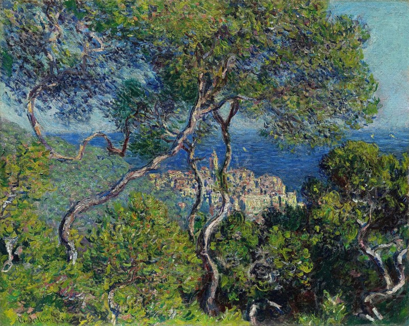 Claude Monet (b. 14 November 1840 in Paris as Oscar-Claude Monet, d. 5 December 1926) important French painter, Impressionist style. Here is his work, Bordighera (1884), seascape with view of coastal village behind pine trees