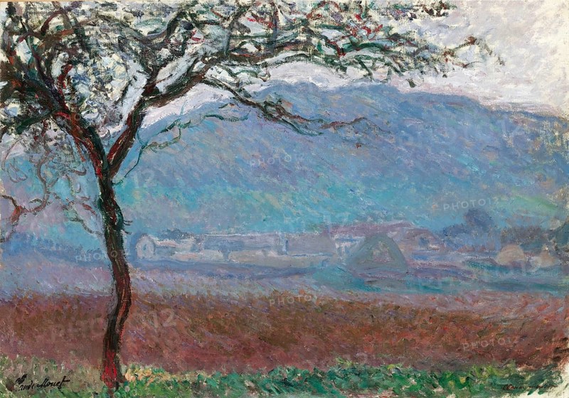 Claude Monet (b. 14 November 1840 in Paris as Oscar-Claude Monet, d. 5 December 1926) important French painter, Impressionist style. Here is his work, Champ À Giverny (1887), Field in Giverny, Impressionist painting of a tree in front of a hill with houses behind it