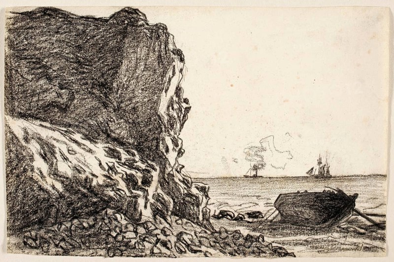 Claude Monet (b. 14 November 1840 in Paris as Oscar-Claude Monet, d. 5 December 1926) important French painter, Impressionist style. Here his work, Cliffs and Sea, Sainte-Adresse (c. 1864), Cliffs and Sea, Sainte-Adresse (c. 1864), Black and white drawing of cliffs and sailing ships on a calm sea, with detailed rocks in the foreground