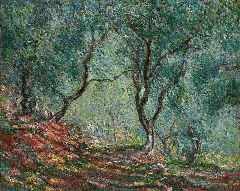 Claude Monet (b. 14 November 1840 in Paris as Oscar-Claude Monet, d. 5 December 1926) important French painter, Impressionist style. Here is his work, Olive trees in the Moreno garden (1884), Olive trees in the Moreno garden (1884), Densely overgrown forest with sturdy tree trunks and colourful foliage