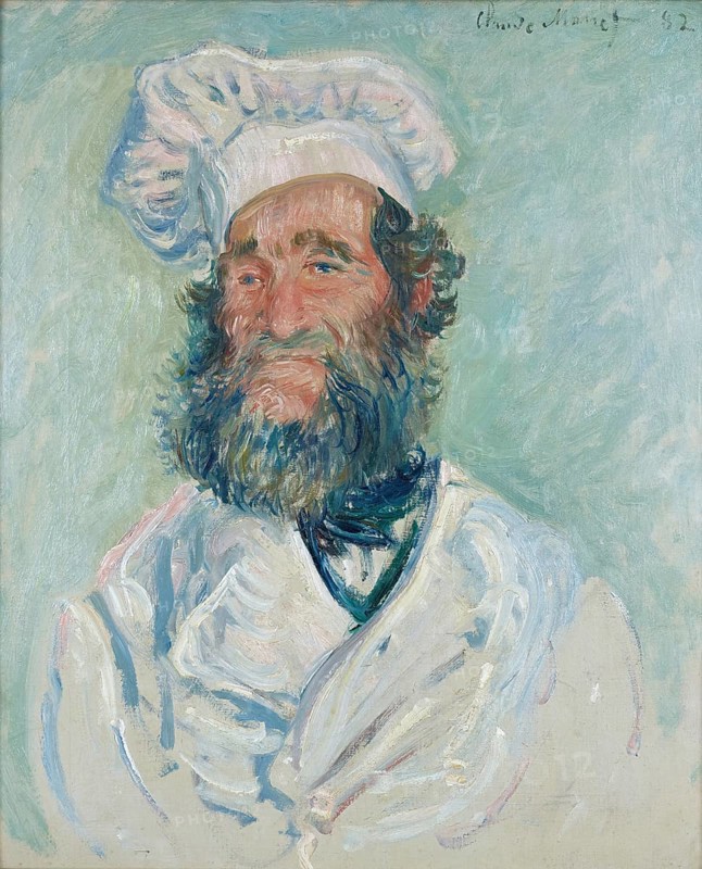 Claude Monet (b. 14 November 1840 in Paris as Oscar-Claude Monet, d. 5 December 1926) important French painter, Impressionist style. Here is his work, The Cook (Le Père Paul) Monsieur Paul (1882), portrait of a man in cook's clothes with a friendly expression against a blue background