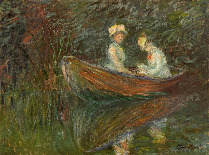 Claude Monet (b. 14 November 1840 in Paris as Oscar-Claude Monet, d. 5 December 1926) important French painter, Impressionist style. Here is his work, Two woman in a boat (1887), two woman in a rowing boat, Two woman in a wooden boat on a quiet pond, surrounded by plants and reflections