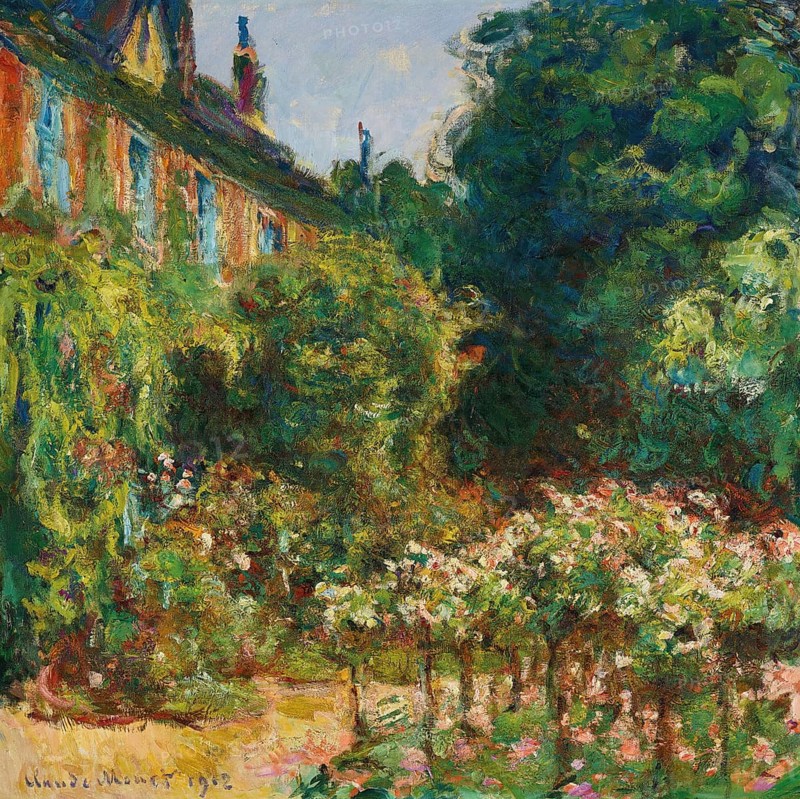 Claude Monet (b. 14 November 1840 in Paris as Oscar-Claude Monet, d. 5 December 1926) important French painter, Impressionist style. Here is his work, La maison de l'artiste à Giverny (1912), The artist's house in Giverny (1912), A sun-drenched garden with a charming house and many flowers, surrounded by trees