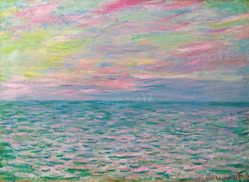 Claude Monet (b. 14 November 1840 in Paris as Oscar-Claude Monet, d. 5 December 1926) important French painter, Impressionist style. Here is his work, Sunset in Pourville, Open Sea (1882), A vast expanse of sea under a pastel-coloured sky conveys peace and tranquillity