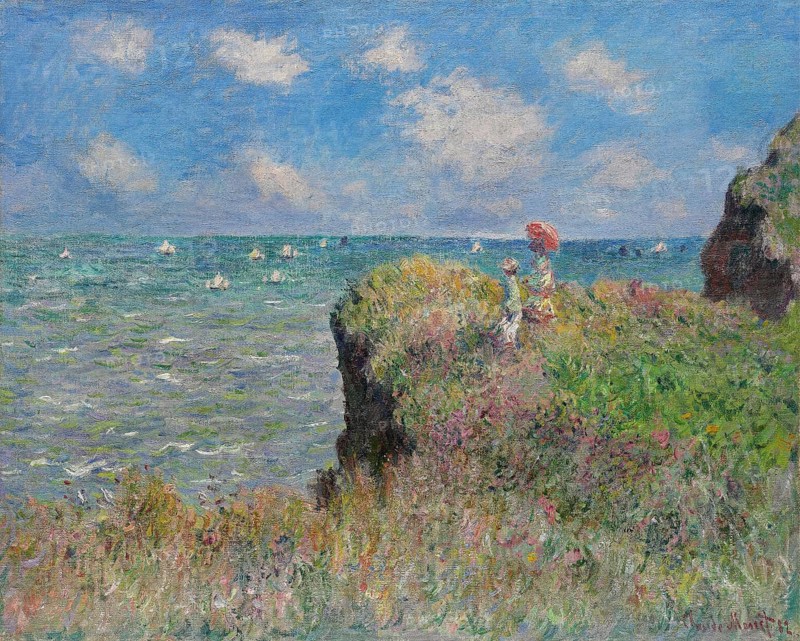 Claude Monet (b. 14 November 1840 in Paris as Oscar-Claude Monet, d. 5 December 1926) important French painter, Impressionist style. Here is his work, Cliff Walk at Pourville (1882), scene with blooming cliffs and a woman with a parasol looking out over the vast sea